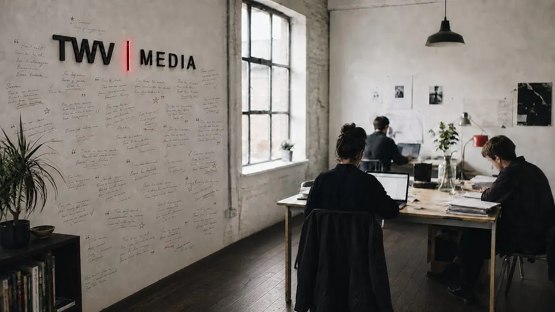 The TWV Media studio, with the wordmark and a wall of handwritten client notes