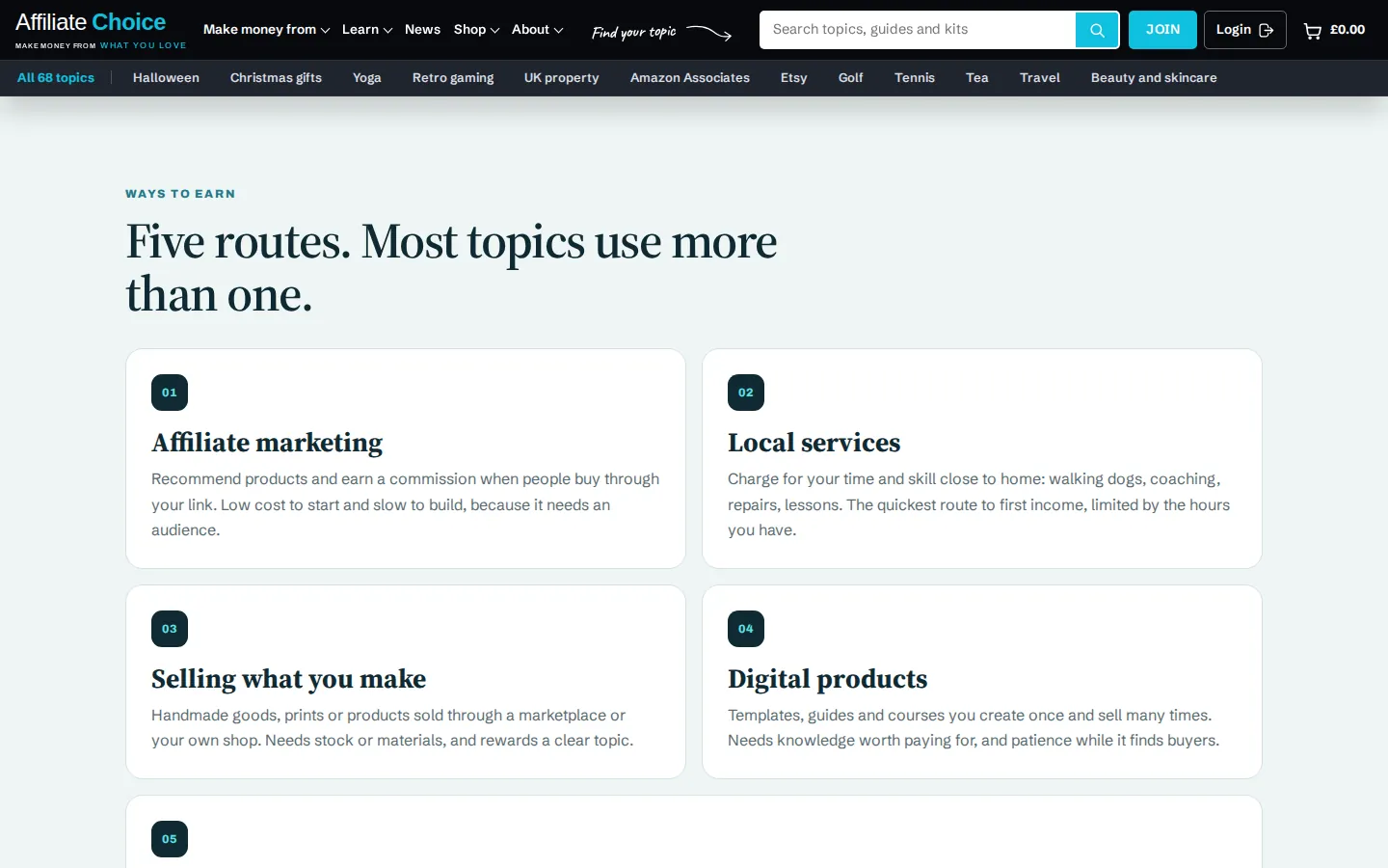 The Affiliate Choice Start here page, showing the ways to earn