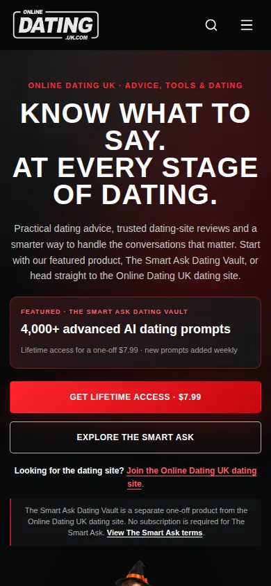 The Online Dating UK homepage on a phone