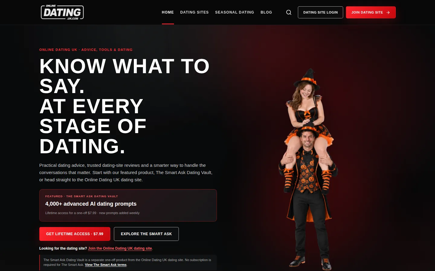 The Online Dating UK homepage, headed know what to say at every stage of dating
