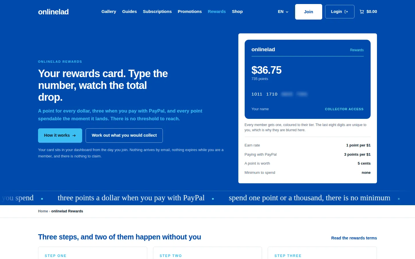 The onlinelad rewards page showing a member rewards card