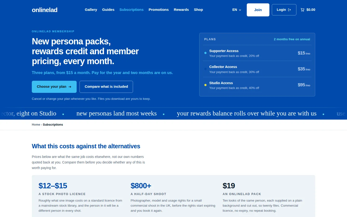 The onlinelad subscriptions page with three plans