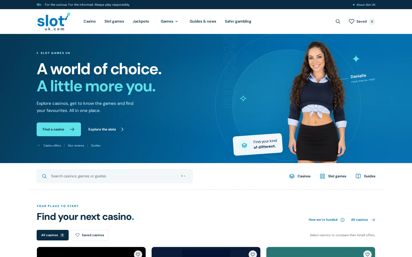 The Slot Games UK homepage with the line: a world of choice, a little more you